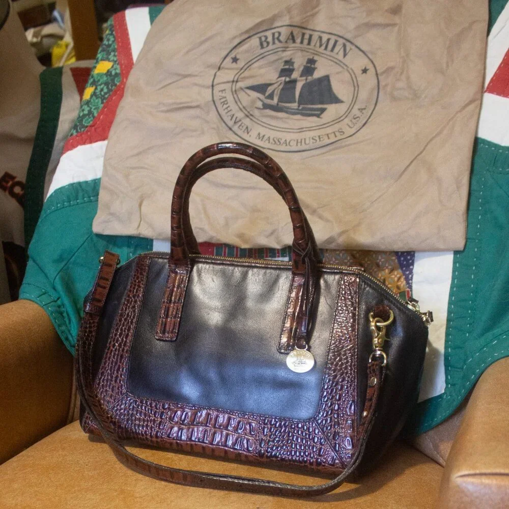 Brahmin Black and Croc Embossed Satchel Shoulder Bag Preowned